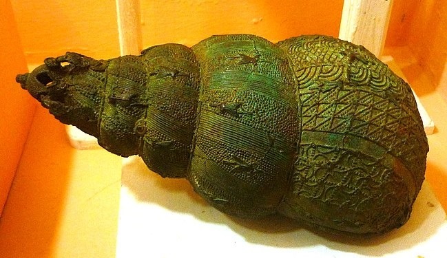 Bronze ceremonial vessel in form of a snail shell 9th century Igbo Ukwu Nigeria